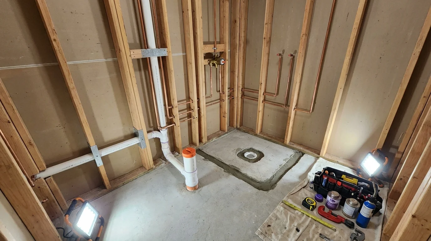 Bathroom rough-in plumbing during remodel by Johns Plumbing LLC in Cotati