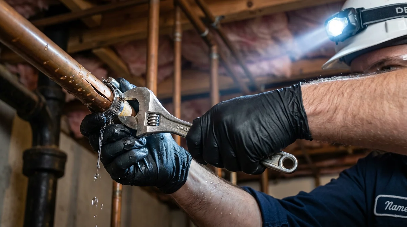 Emergency pipe clamp repair being performed by a Johns Plumbing LLC plumber in Cotati