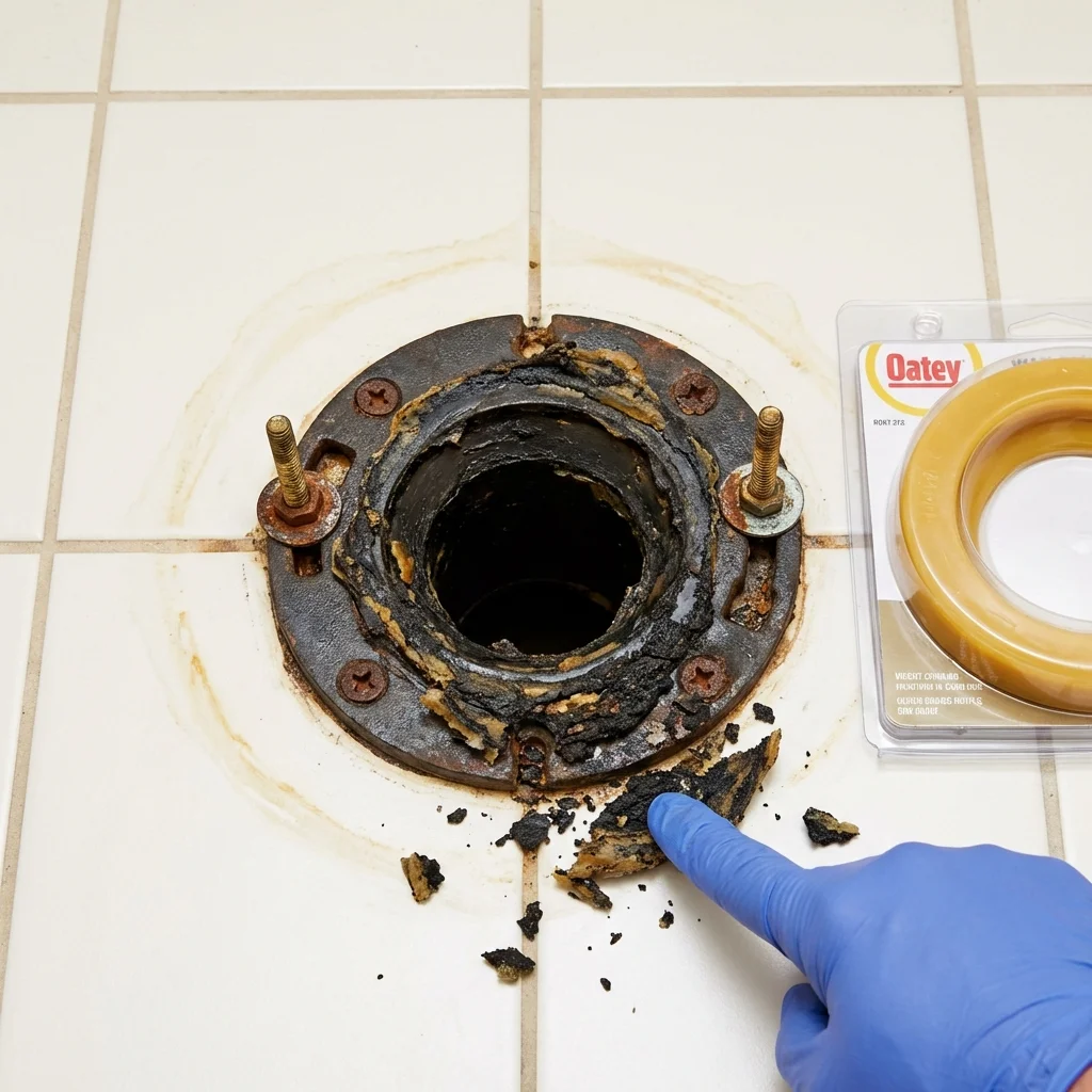 Failed wax ring showing water seepage at the base of a toilet in a Cotati, CA home