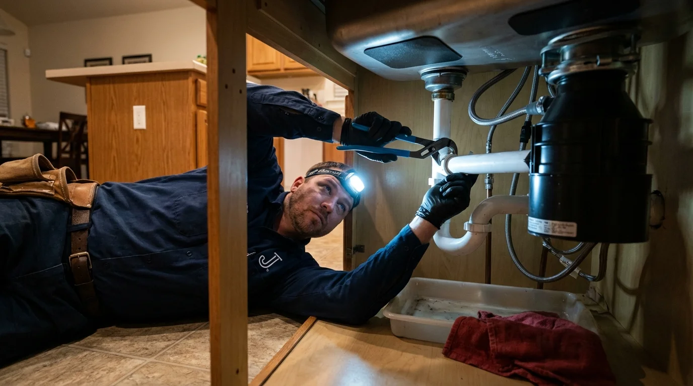 P-trap and supply line connections under a kitchen sink showing a common leak point in Cotati, CA